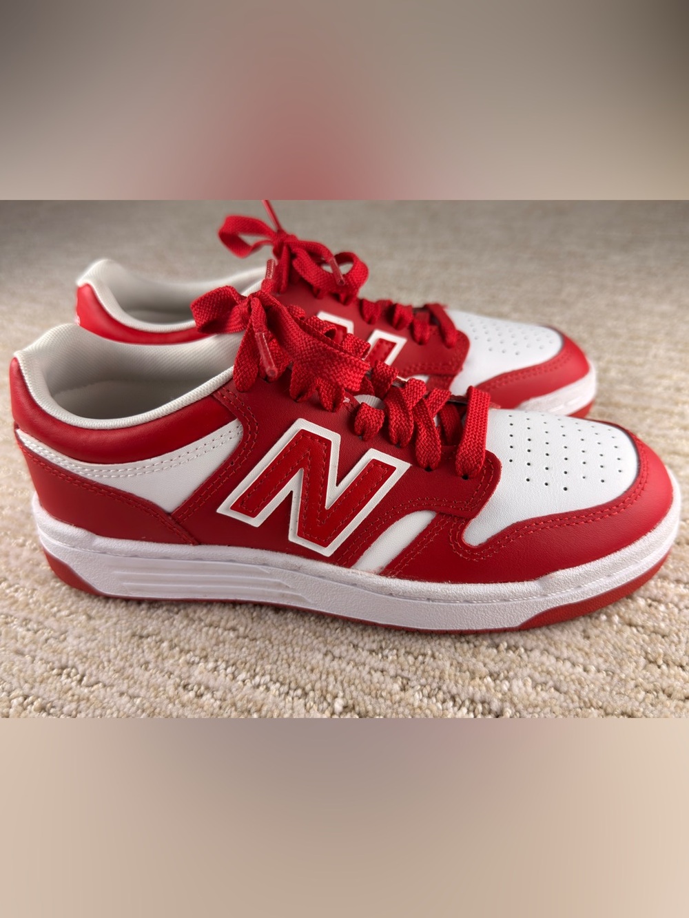 New Balance 480 Low Top Kids Sneaker Red/White Colorblock Rubber Sole, Size 4